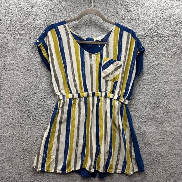 Mine NWOT‎ Women's Large Blue Yellow Tunic Short Sleeve Top Elastic Waist - Picture 4 of 8